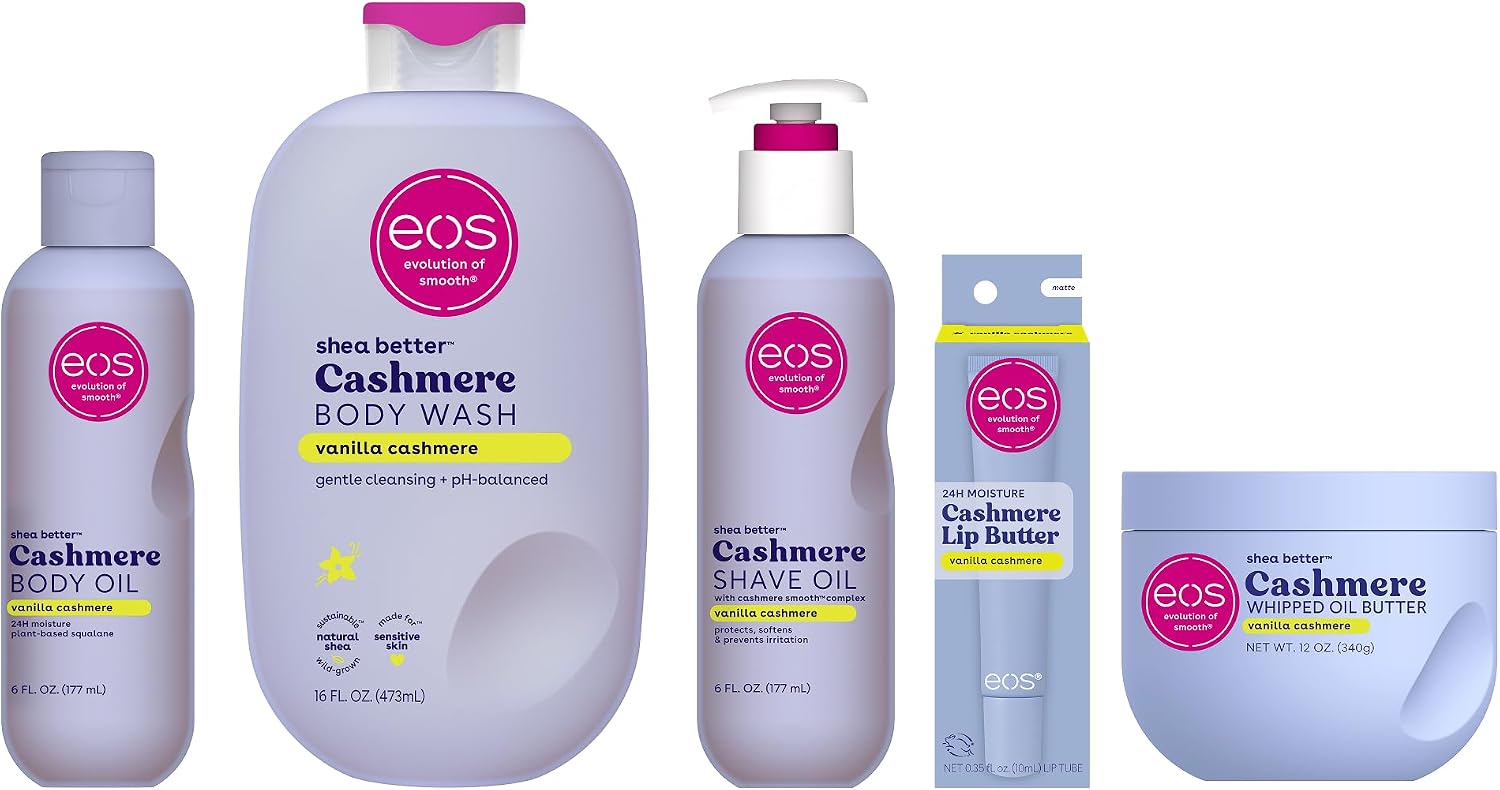 eos Vanilla Cashmere Bundle- Body Oil, Body Wash, Shave Oil, Whipped Body Butter, Lip Butter
