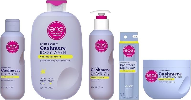 eos Vanilla Cashmere Bundle- Body Oil, Body Wash, Shave Oil, Whipped Body Butter, Lip Butter