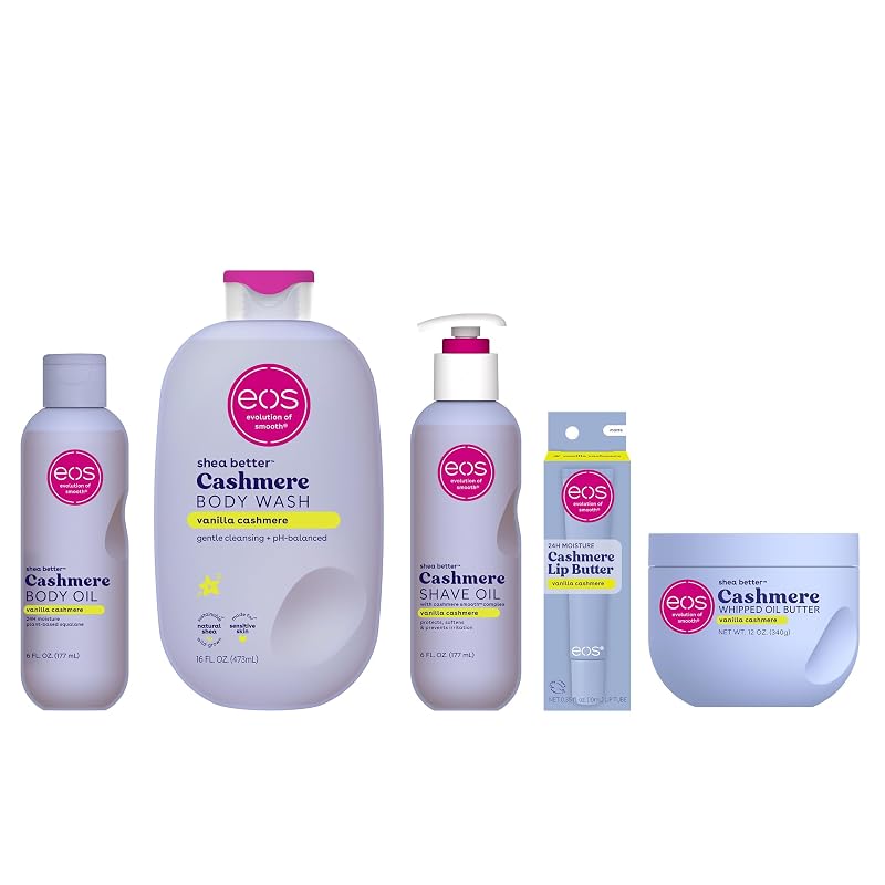 Kit eos Vanilla Cashmere com óleo corporal, sabonete líquido corporal, óleo para barbear, manteiga corporal aerada e manteiga labial