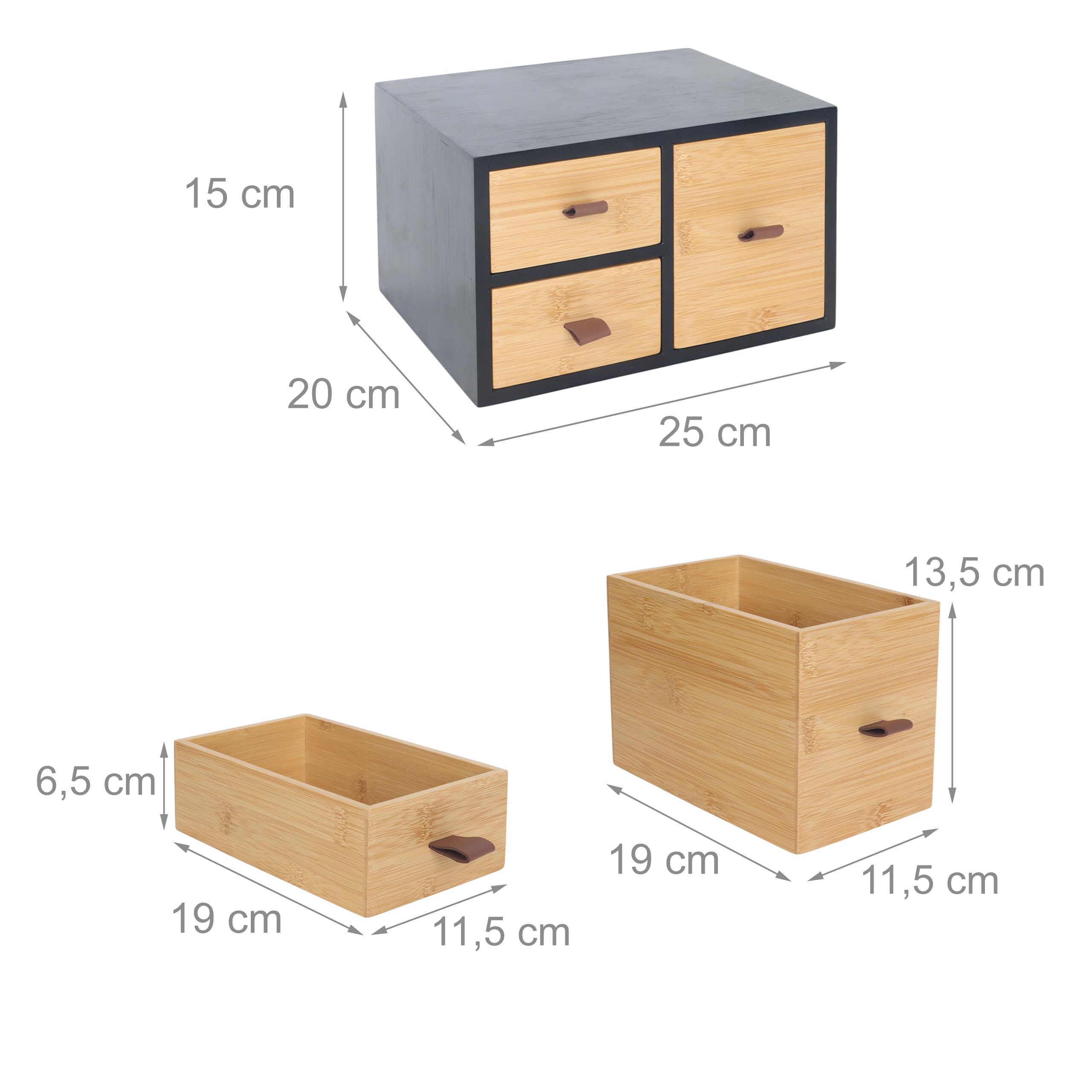 Relaxdays Schubladenbox Bambus & MDF, 3 Schubladen, Schlaufen, HBT: 15x25x20 cm, Schreibtisch Organizer, schwarz/Natur