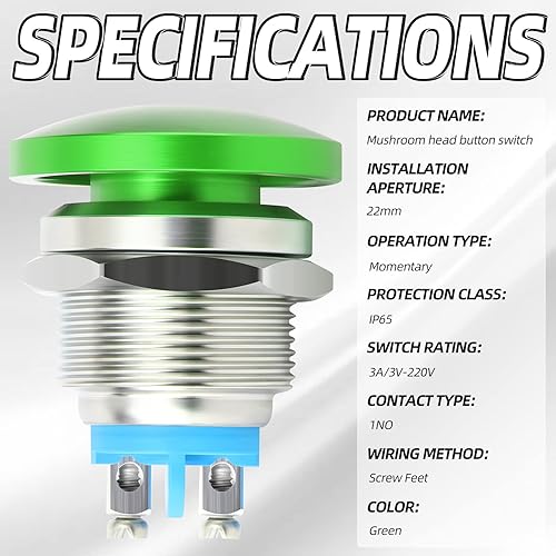 Miniatura 4 de QCQIANG Interruptor de botón de cabeza de hongo verde momentánea impermeable de 0.866 in, cableado de patas de tornillo 3A3V-220V