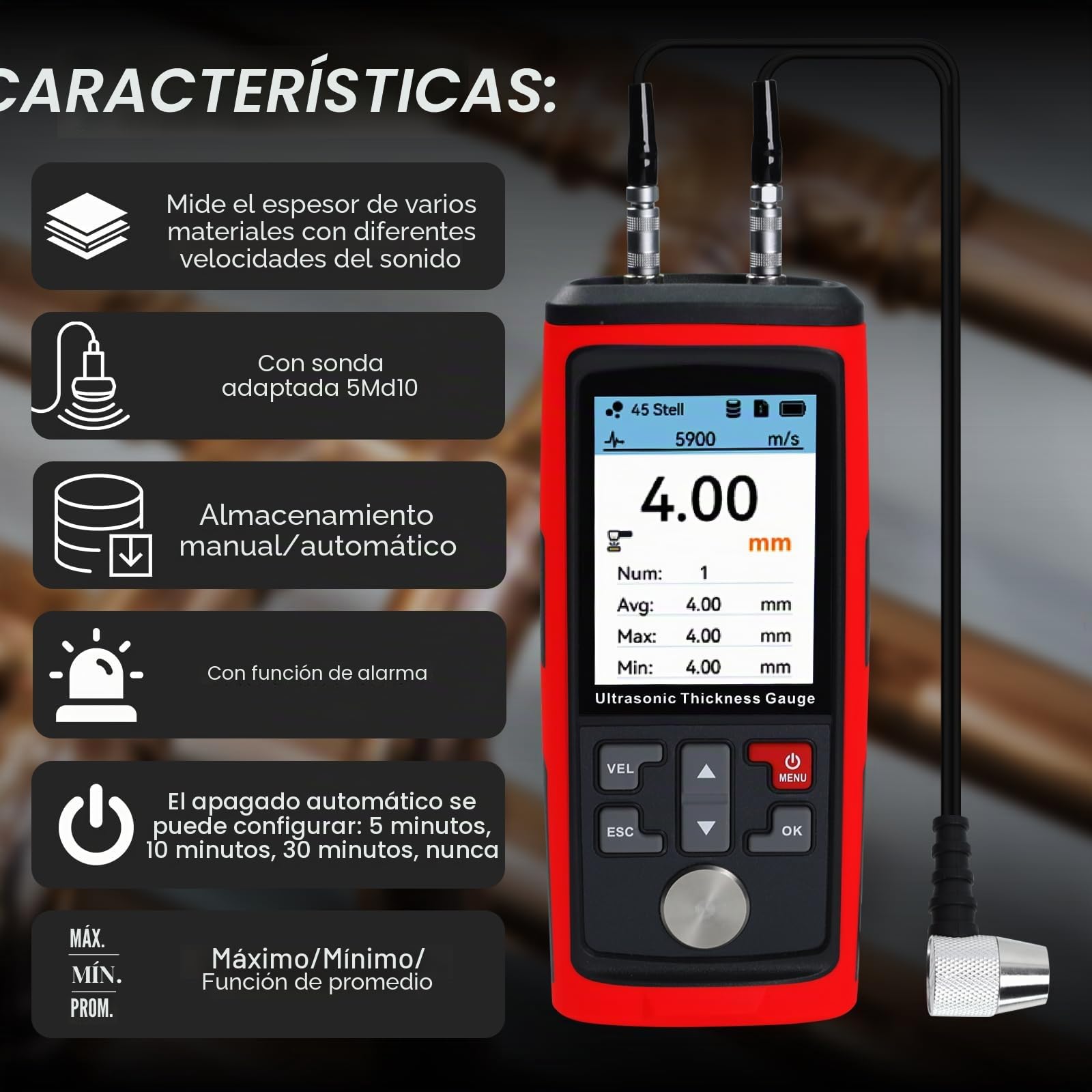 Medidor de espesor ultrasónico de 1.00-300.0 mm, rango de medición de alta precisión, retroiluminación LCD, 1500 datos, velocidades de sonido personalizables para medir metal, acero, cerámica,