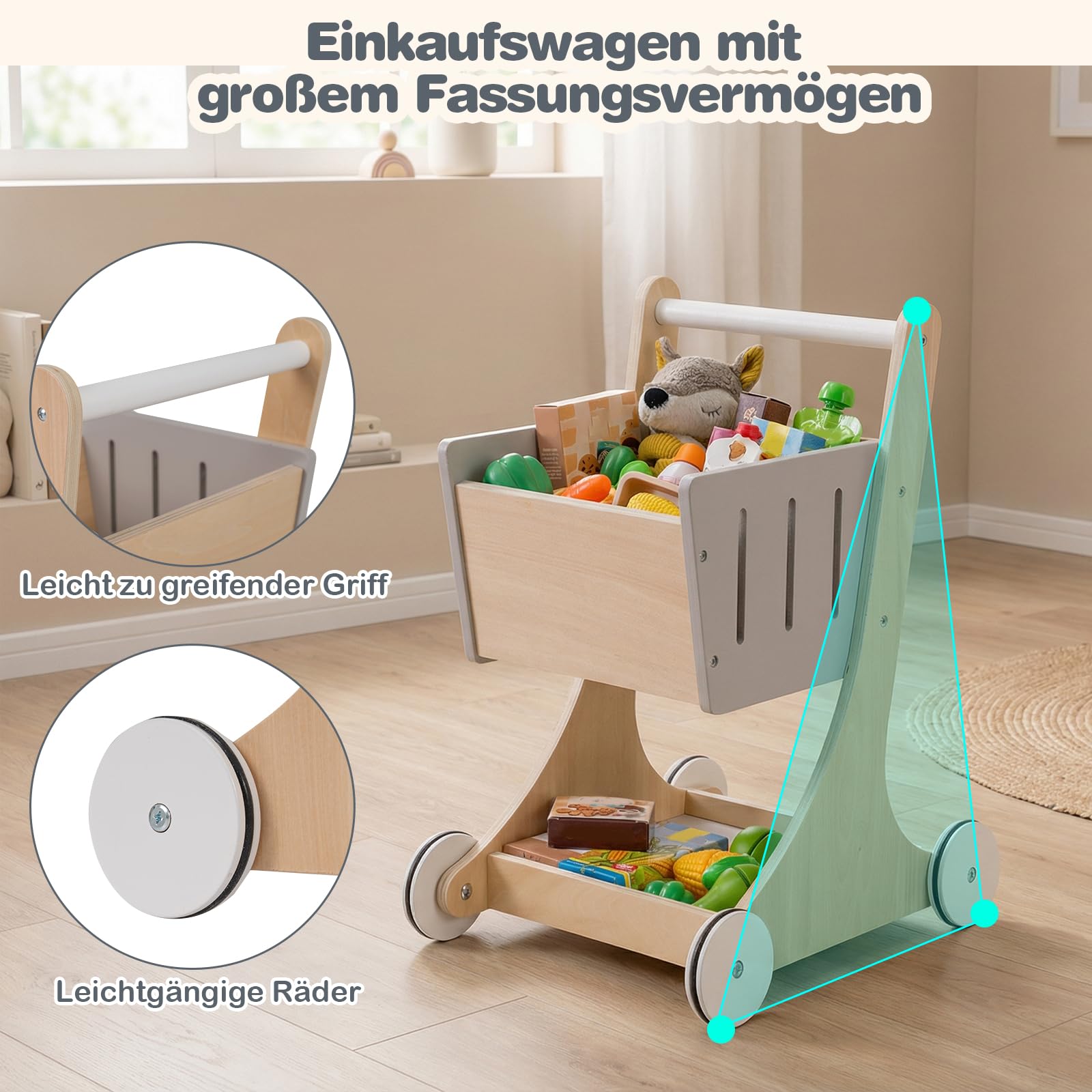 DREAMADE Kaufladen Kinder, Kaufmannsladen Holz mit Einkaufswagen | Einkaufsladen Klein mit Licht & Sound, Interaktives Supermarkt mit Kasse, Obst, Gemüse, Tafeln, Marktstand für Kinder ab 3 J