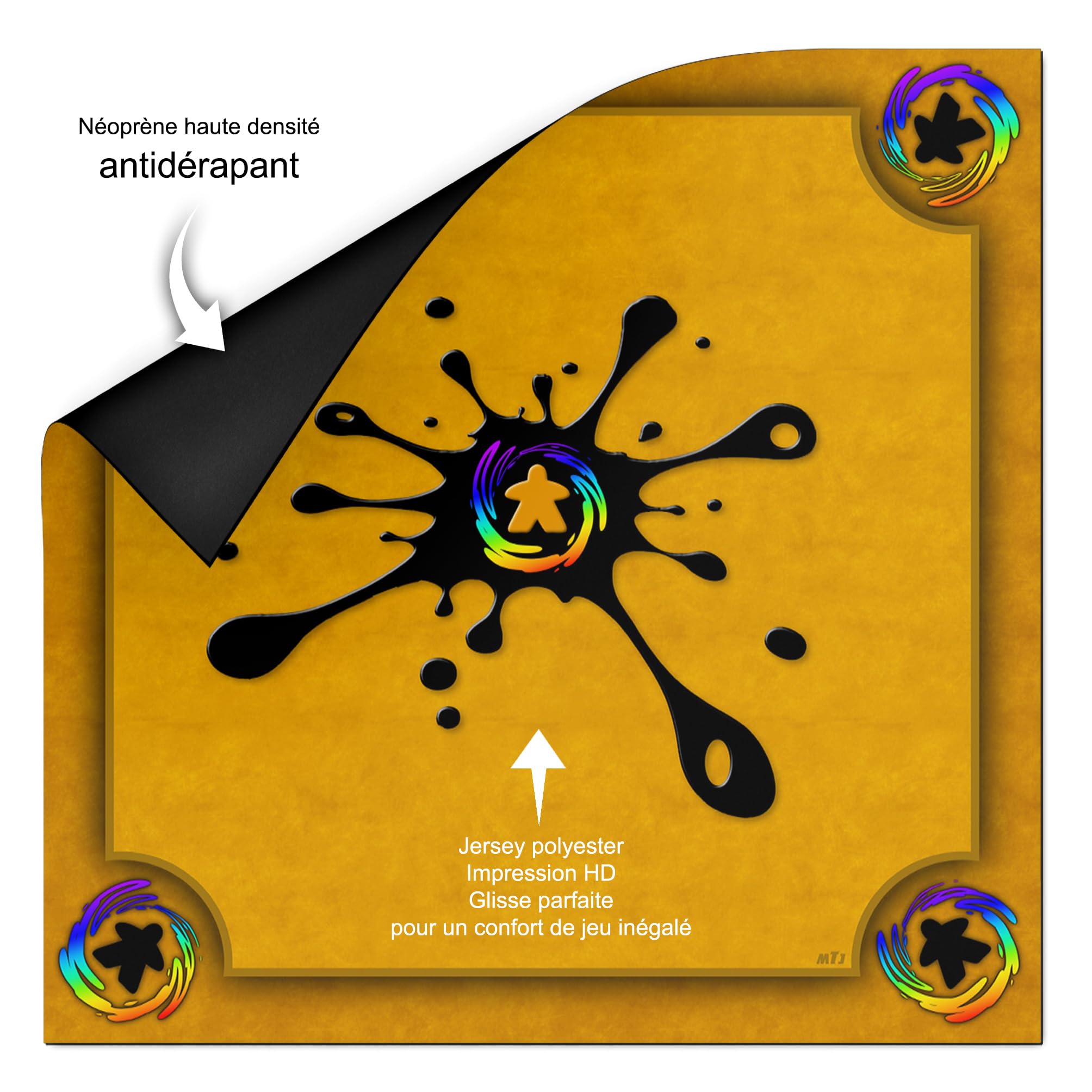 MTJ® Tapis de Jeux Prestige Meeple (Jaune) 70x 70 cm - Jersey néoprène - Fabriqué en France