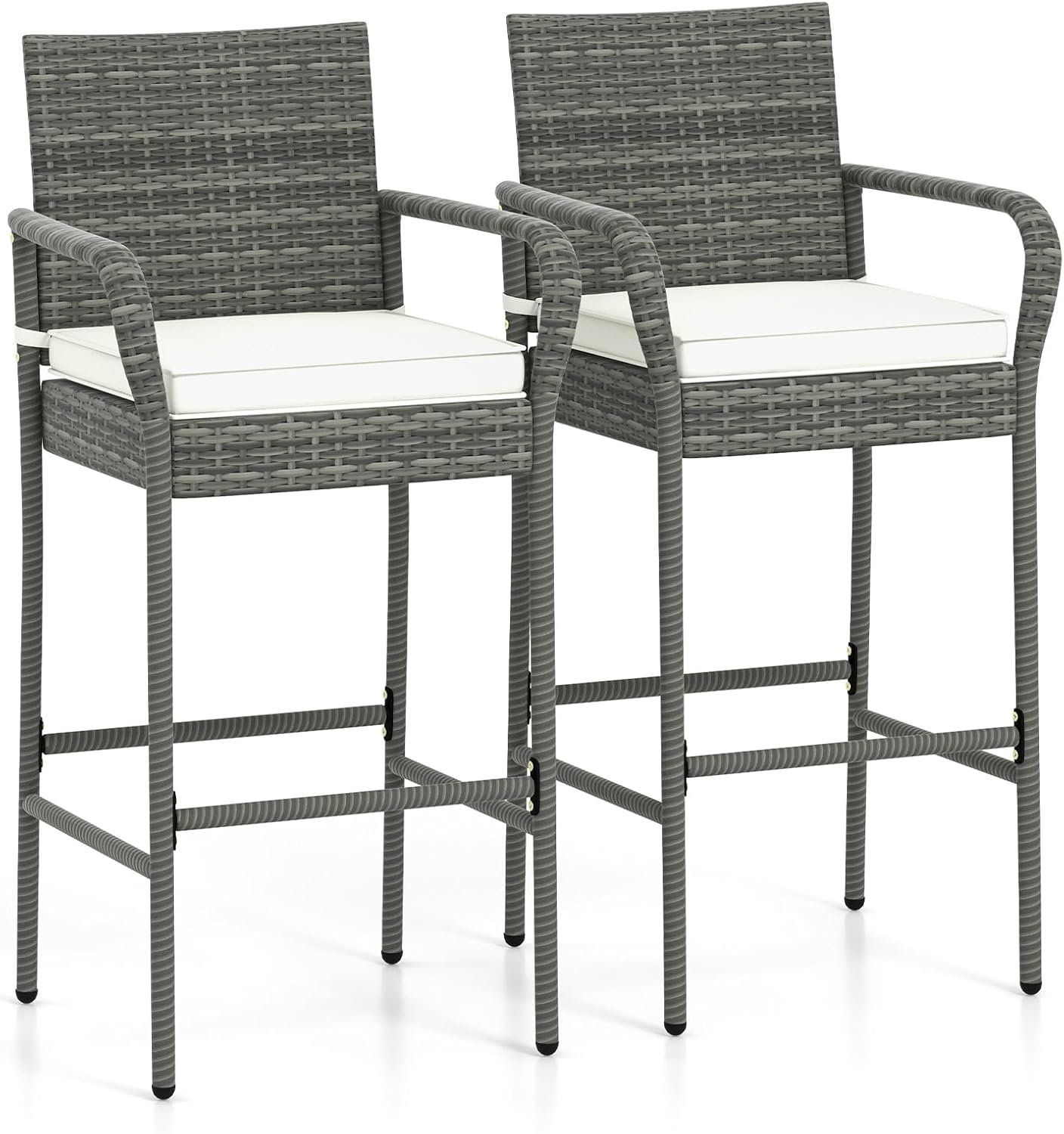 HAPPYGRILL Rattan Bar Chairs Set of 2, Outdoor PE Rattan Bar Stools with Armrests & Seat Cushions, Patio PE Wicker Bar Chairs with 30 Inch Seat Height & 400 LBS Load Capacity for Porch Backyard