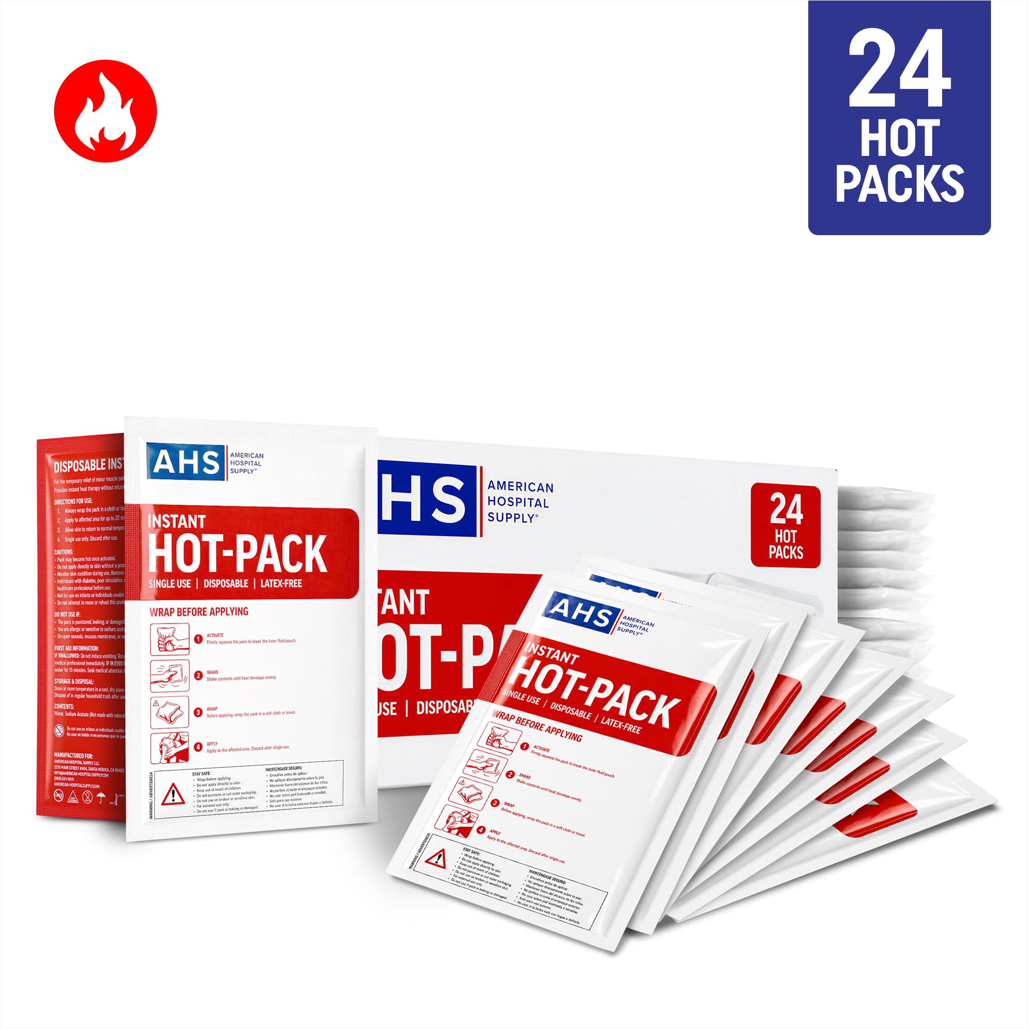American Hospital Supply Instant Hot Pack 6 x 9 pulgadas, terapia de calor rápida de un solo uso para aliviar el dolor, compresa caliente portátil, caja de 24