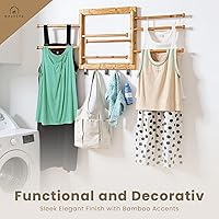 Vista 5 de Estante de secado de bambú para montaje en pared para lavandería, secadora de ropa plegable con 8 brazos y 5 ganchos, ahorro de espacio, 20 Natural