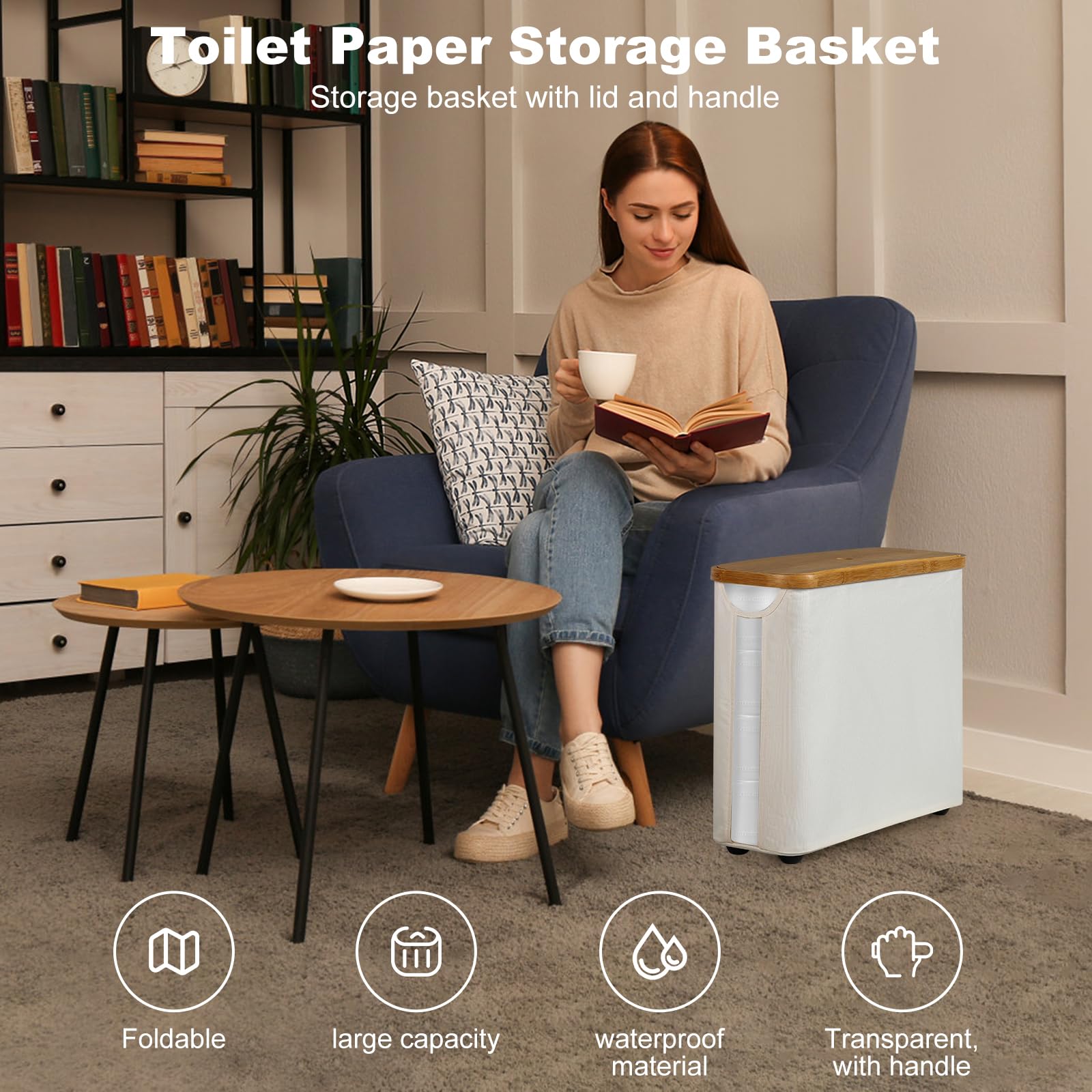 Portarrollos Papel Higienico, Cesta Papel Higienico, Porta Rollos de Papel Higienico, Soporte Papel Higienico con Tapa, Toilet Paper Holder Capacidad para 12 Rollos de Papel higiénico, Beige