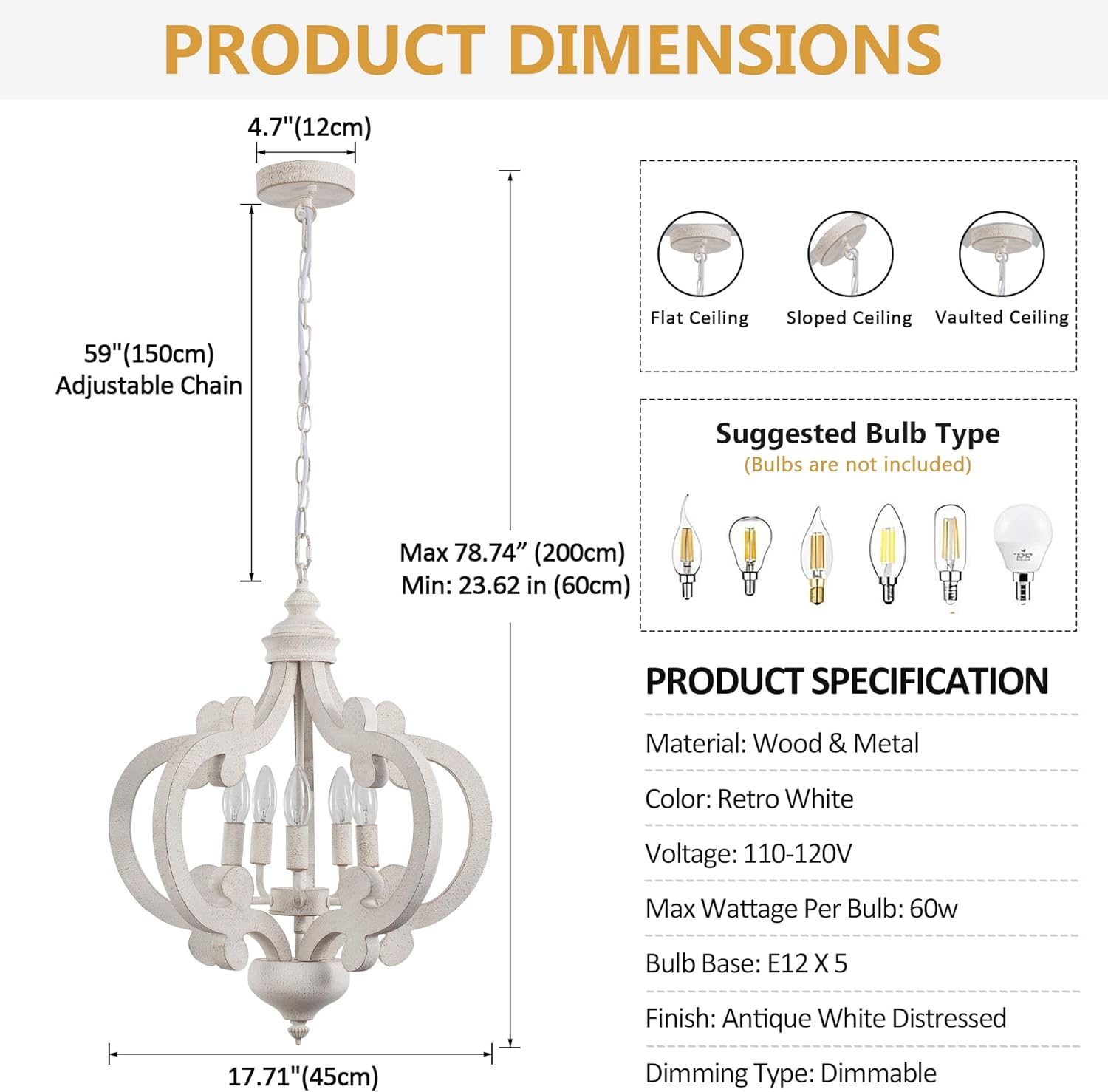 White Farmhouse Chandelier for Dining Room- 5 Light Modern Pendant French Country Light Fixture, Rustic Wood Hanging Lights for Kitchen Island Living Room Bedroom Entryway