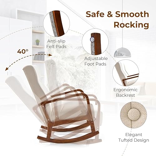 Miniatura 7 de KOMFOTT Mecedora para guardería con otomana, silla mecedora tapizada con reposapiés, bolsillo lateral, marco de goma estable y respaldo copetudo,