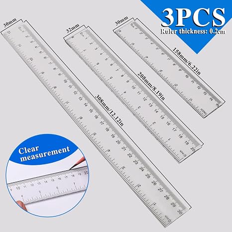 Plastic Ruler Set, Straight Ruler with Centimeters and Inches15cm/6inch 20cm/8inch 30cm/12inch, Plastic Shatterproof Measuring Tools for Student Classroom School, Office and Home (Transparent 3 PCS)