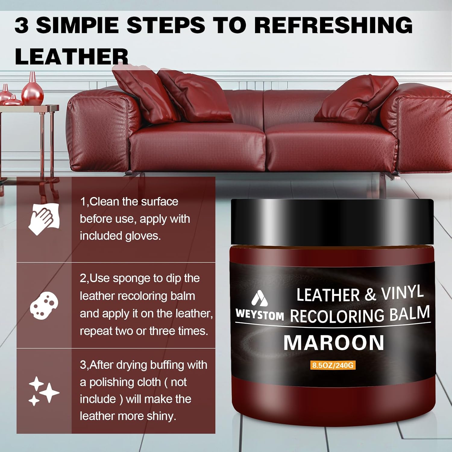 Leather Recoloring Balm - Maroon Leather Repair Kit for Furniture, Dye, Recolor, Renew, Repair & Restore Aged, Faded, Cracked, Peeling and Scuffed, Car Care - Image 2