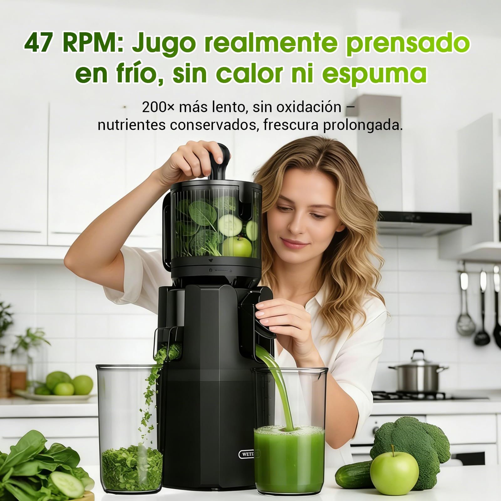 WETIE Extractor de Zumos y Verduras, Licuadora de Prensa en Frío con Boca Extra Grande 120mm, 99% Rendimiento, Slow Juicer Silencioso, Fácil de Limpiar, Incluye 2 Vasos