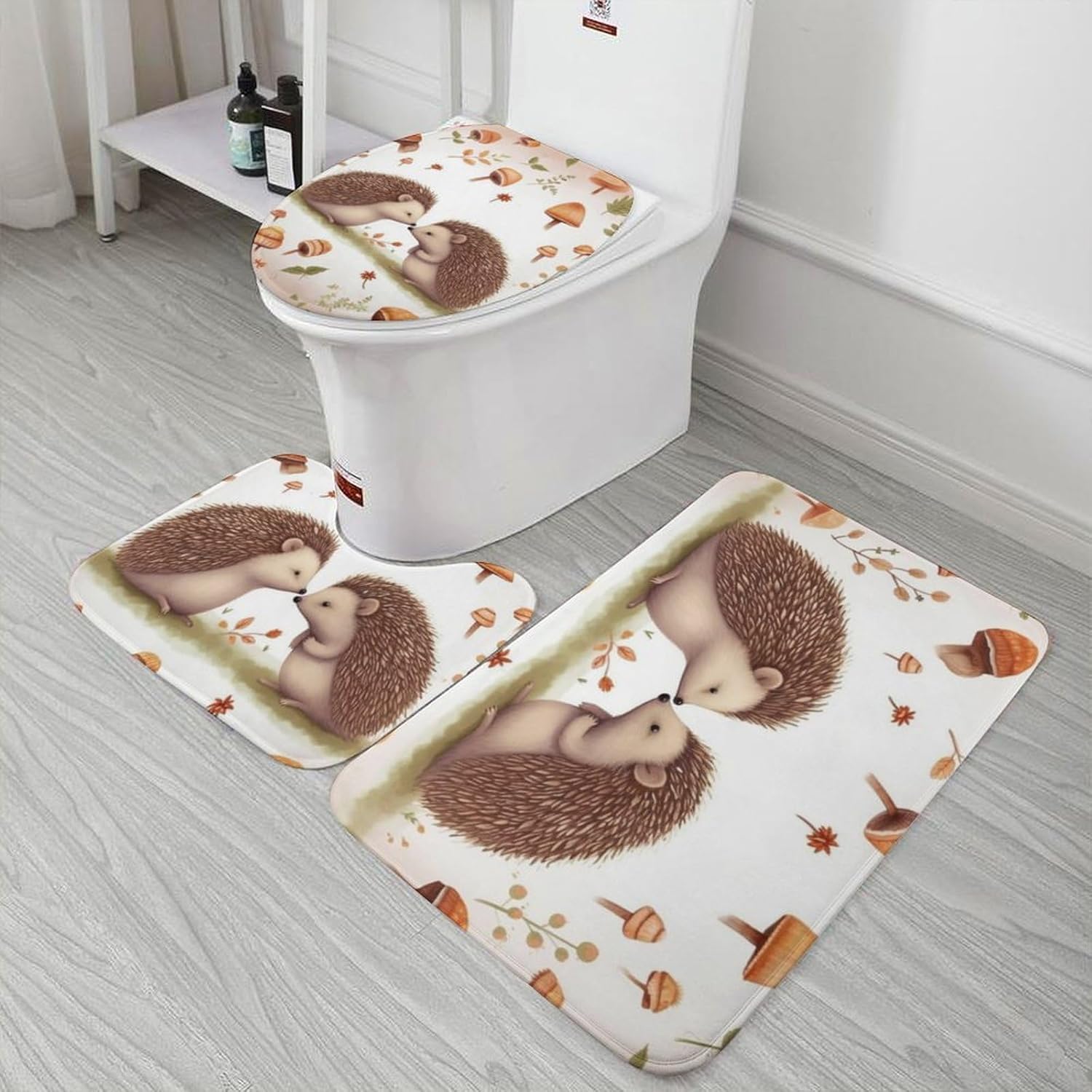 Anti-Skid Floor Mats 3 Piece Set,Nature Lovely Hedgehog Lovers Printed Coral Fleece Bathroom Mats U-Shaped Contour Mat Toilet Seat Cover for Bathroom, Tub, Shower, Kitchen 19.7"x31.5"