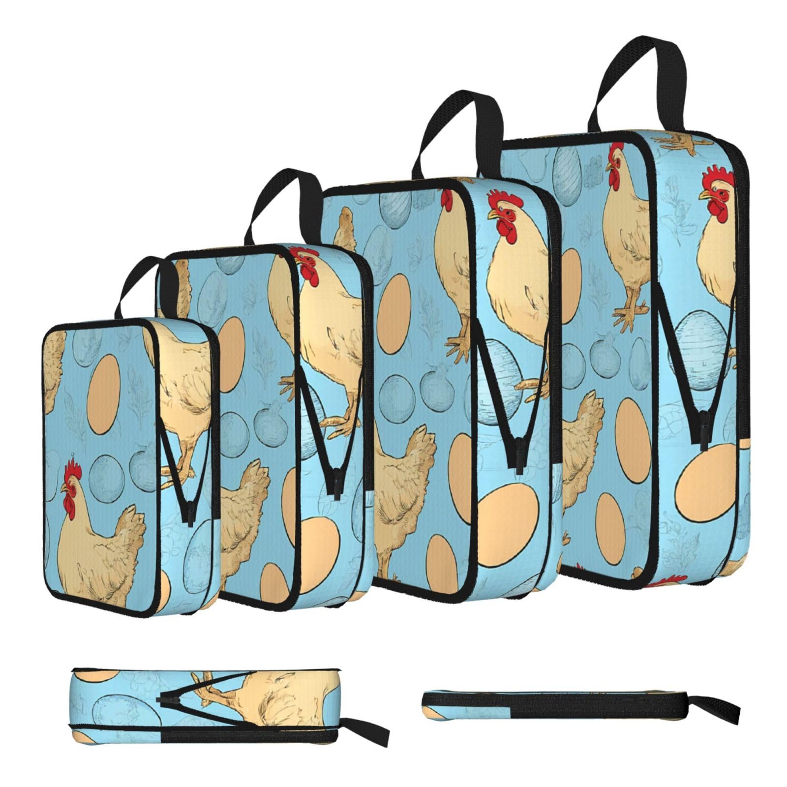 Creative Cartoon Chicken Print Compression Packing Cubes 4-Piece Set With Multi- Compartment Travel Bag, Waterproof Suitcase Organiser Bags