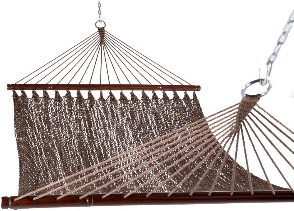 Lazy Daze 10 FT Double 2 Person Caribbean Rope Hammock, Hand Woven Polyester Hammock with Spreader Bars, Extra Large Outside Outdoor Backyard Patio Poolside Hammock, 450 LBS Capacity, Brown