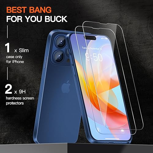 Miniatura 5 de Dataroad - Funda delgada para iPhone 15 Pro papel fino de 0.008 in, 6.1 pulgadas, con 2 protectores de pantalla de vidrio templado, translúcido que