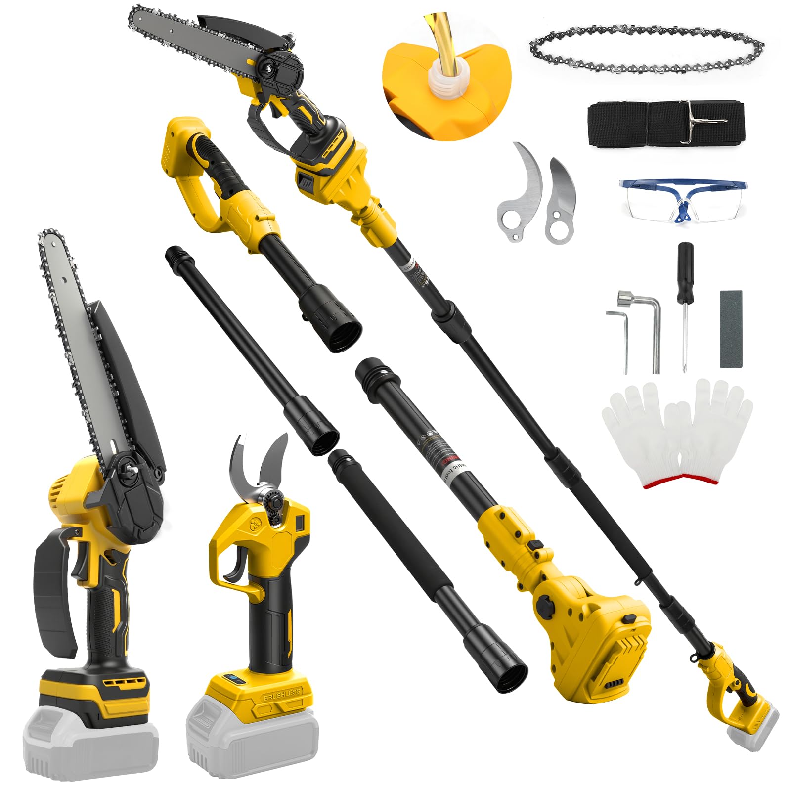 Mini Tronçonneuse 8 pouces et Sécateur électrique 30 mm Compatible avec DeWalt 20V, Generic Kit d'outils de jardinage 4 en 1, Portée 4,57 m pour élagage des arbres, Avec rallonge (Sans batterie)