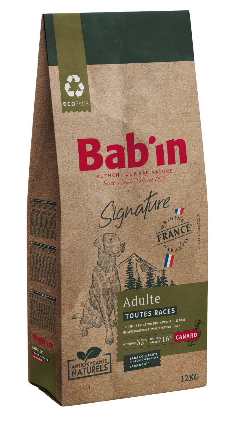Bab'in Signature Adulte Canard 12KG - Croquettes pour Chiens Adultes Toutes Races - Naturelles, Saines et Équilibrées - Adaptées aux Besoins Nutritionnels - Riche en Canard