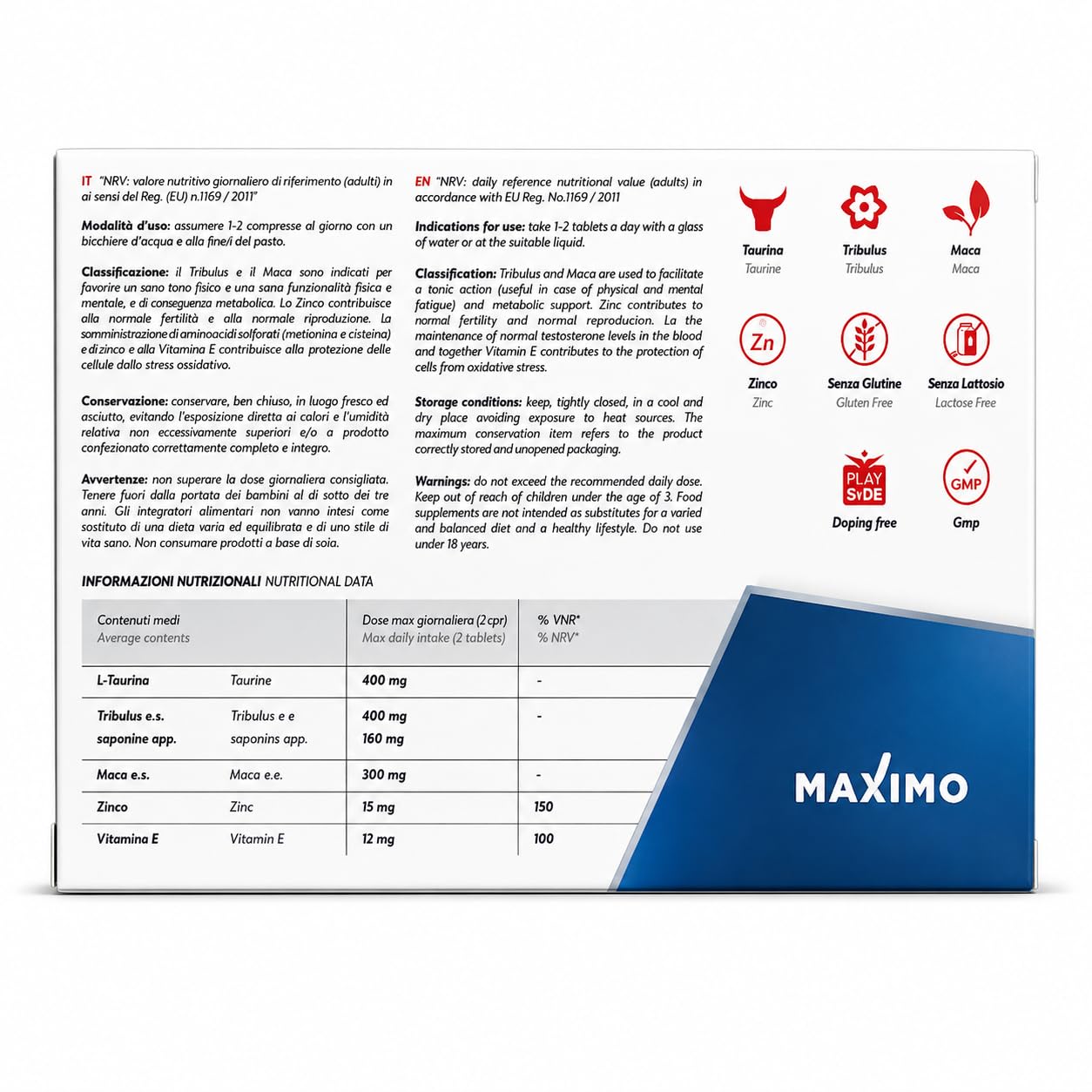 MAXIMO RiseUp Integratore Energia e Vitalità | Maca, Taurina, Zinco e Vitamina E | Supporto al Metabolismo Energetico | 30 Compresse Senza Glutine e Lattosio