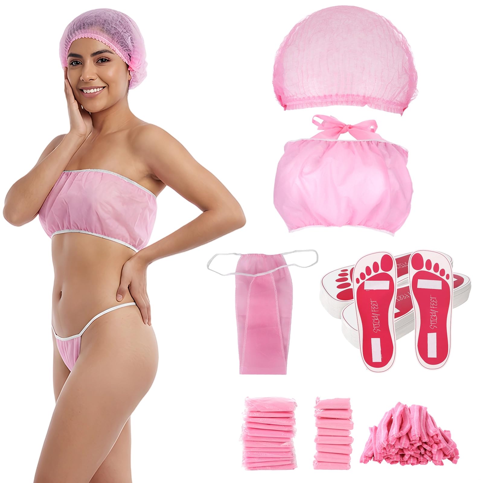 Kit di accessori usa e getta per abbronzatura, 100 pezzi, con reggiseno, biancheria intima, cuffie per capelli, cuscinetti per piedi, kit per abbronzatura da spiaggia