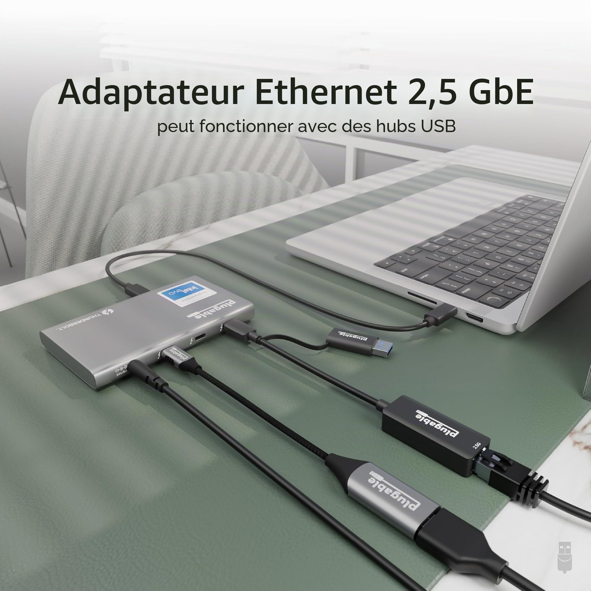 Plugable 2.5G USB C et USB vers Adaptateur Ethernet, Adaptateur 2 en 1, Compatible avec USB C/Thunderbolt 3 ou USB 3.0, USB-C vers RJ45 2.5 Gigabit LAN, Compatible avec Mac et Windows