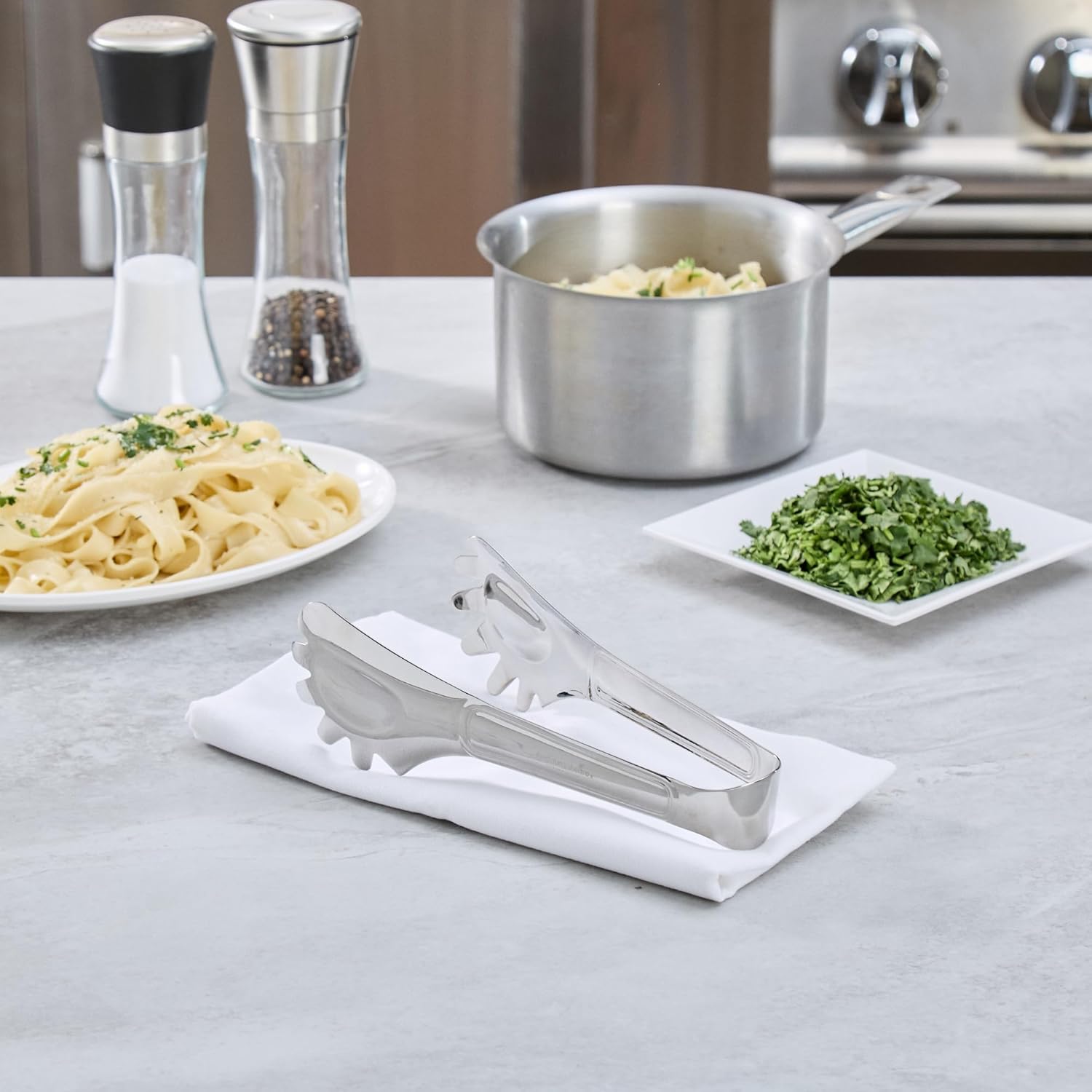 Restaurantware Pasta Tongs - 72 Count - Met Lux 8.27" x 3.78" Stainless Steel Spaghetti Tongs, Dual-End Design, Mirror-Polished, Dishwasher Safe - Ideal For Pasta Serving and Buffets