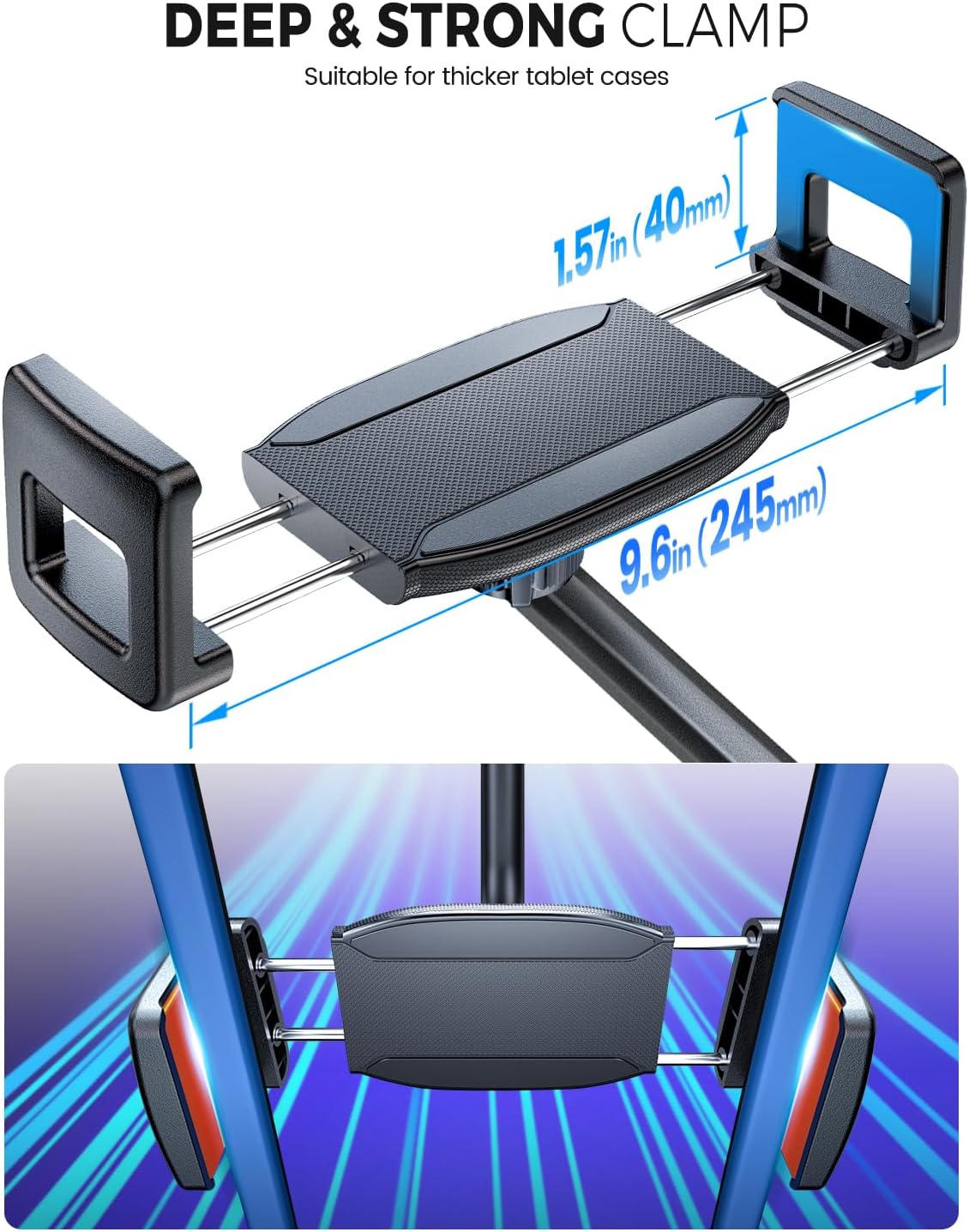 eSamcore Enlarge Tablet Clamp, 1.57”(40mm) Depth Mount Clips for Thick Case Fit 17mm Ball Joint Car/Desk/Bed/Floor Tablet Stand Holder Mount Compatible with 6"-12.9" iPad/Tab/Foldable Phone
