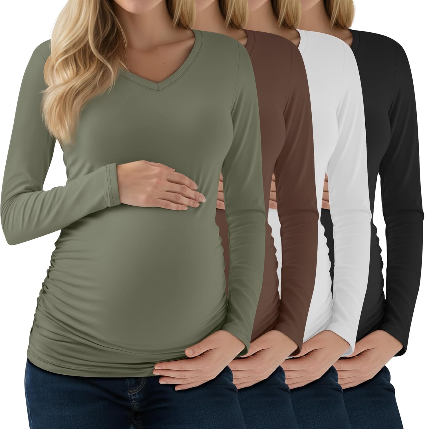 Huukeay 4 Pack Women's Maternity Shirts Long Sleeve V Neck Pregnancy Tops Side Ruched Casual Mama Clothes Basic Tunic T-Shirt