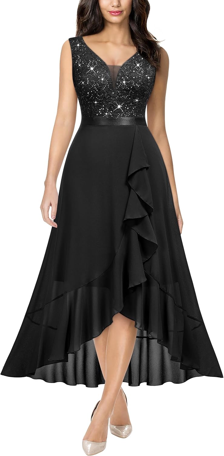 Miusol Women's Vintage V-Neck Sleeveless Sequined Floral Lace Ruffle Split Evening Party Dress