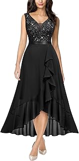 Women's Vintage V-Neck Sleeveless Sequined Floral Lace Ruffle Split Evening Party Dress - Buy now