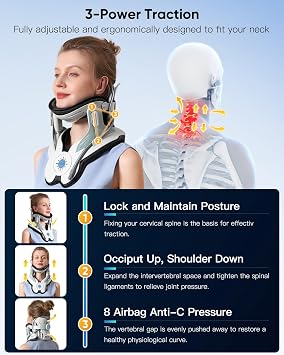 Cervical Neck Traction Device: Neck Stretcher for Cervical Pain Relief, Manual Air Pump with 3 Power Traction for Neck Decompression and Tension Relief (B: Gray (Hand-Pump Airbag))