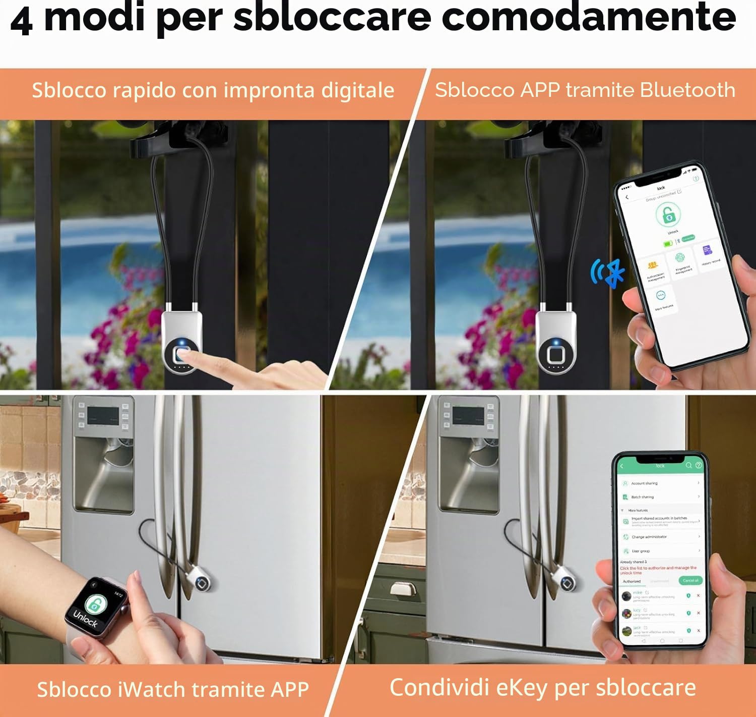 Lucchetto elettronico eLinkSmart per bicicletta con impronte digitali e app telefonica: lunghezza 38 cm, impermeabile, senza chiave