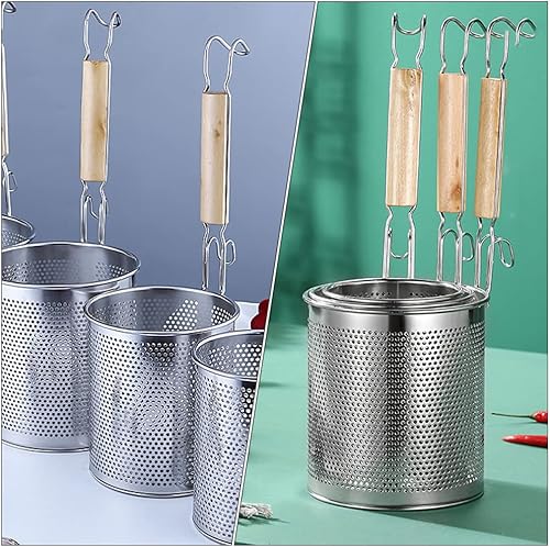 Miniatura 9 de XENITE Cesta de pasta para hervir pasta, colador de araña, de malla con mango de madera, cuchara ranurada, colador de olla caliente, cucharón para