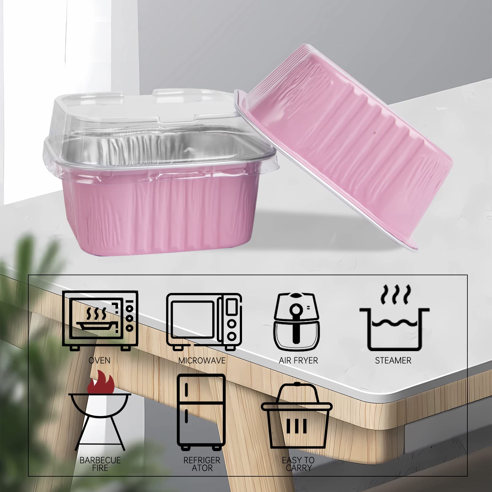 50 mini moldes cuadrados para hornear con tapas, moldes de papel de aluminio de 5 onzas con tapas, moldes desechables para tartas de ramequines, tazas de postre de 150 ml, moldes para cupcakes para