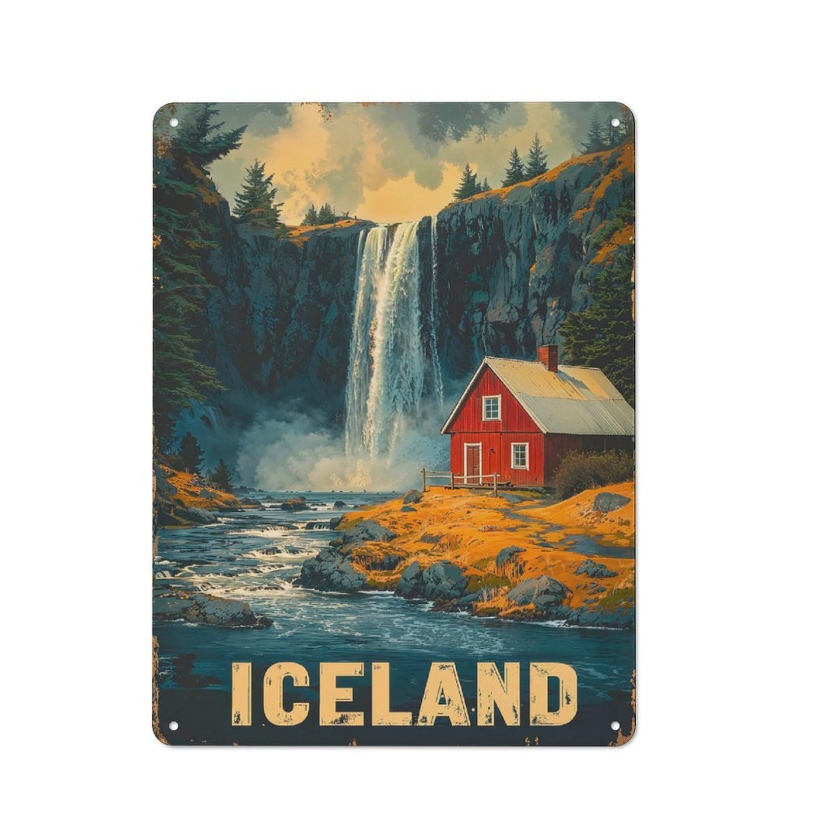 Junmoney Iceland Waterfall Cabin Rustic Metal Wall Sign 40X30cm For Kitchen Or Home Bar, For Garage, Workshop And Man Cave Decoration