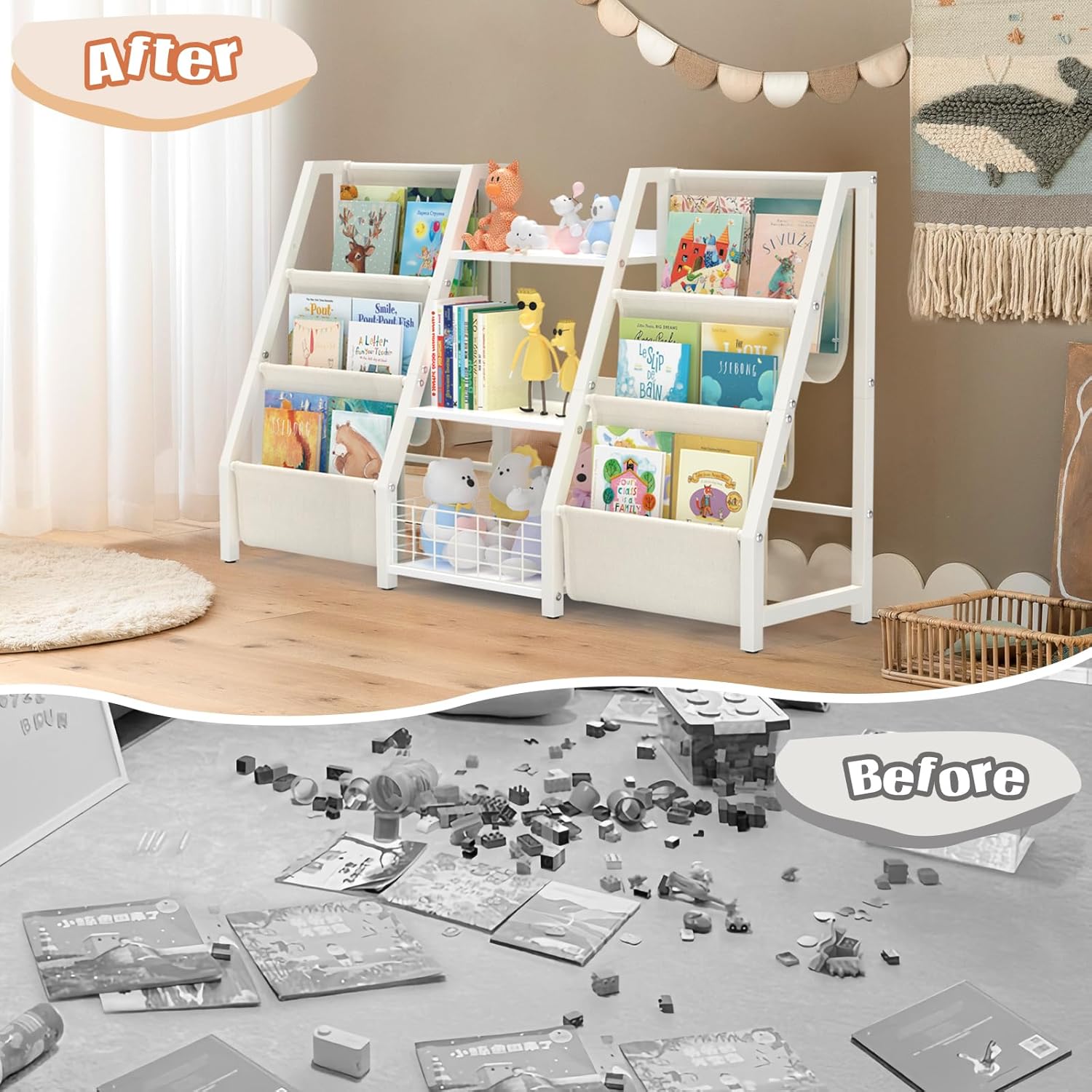 BORISI Kids Bookshelf and Toy Storage, 3 Tier Bookshelf for Kids, Montessori Toddler Bookshelf for Kids Rooms, Baby Bookcase, Kids Book Shelf with Toy Storage Organizer for Playroom, Nursery (White)