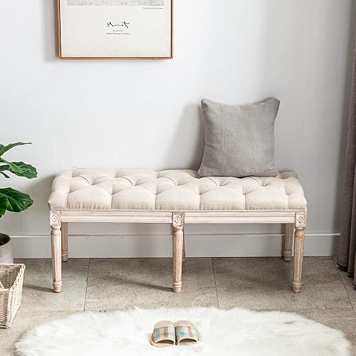 Miniatura 13 de Banco de entrada tapizado de tela, banco de piano copetudo para 2 personas, patas de madera de goma con hermoso patrón tallado para dormitorio, sala