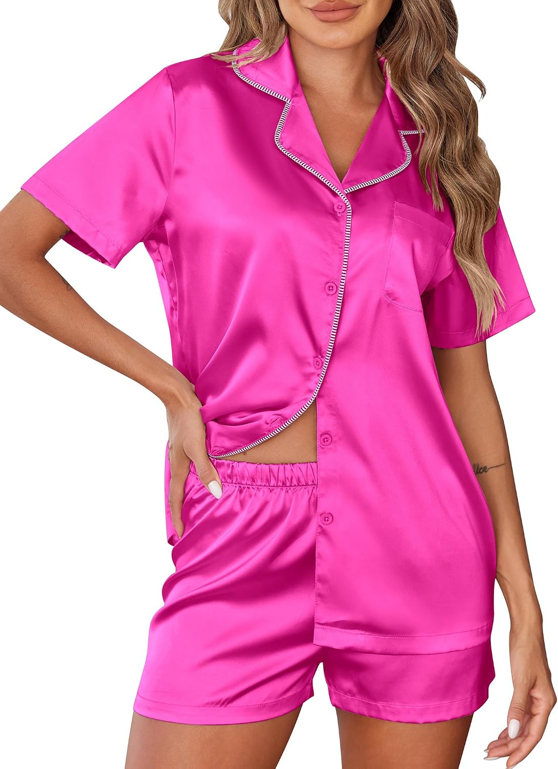 Ekouaer Womens Silk Satin Pajamas Set 2 Piece Pjs Short Sleeve Sleepwear Button Down Top and Shorts Loungewear S-XXL