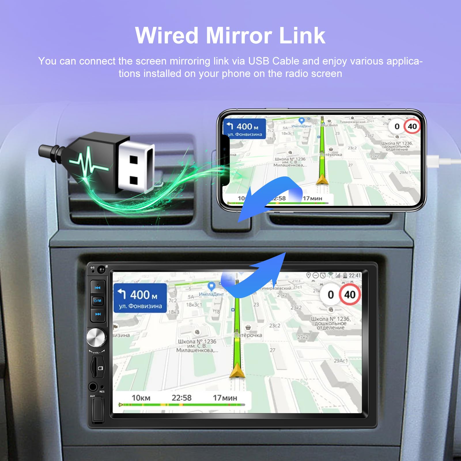 Autoradio 2 Din con Wired Carplay e Android Auto - Radio Touchscreen da 7 Pollici con EQ, Mirror Link, Bluetooth, Radio FM, SWC, Ingresso USB/AUX/SD + Telecamera di Backup