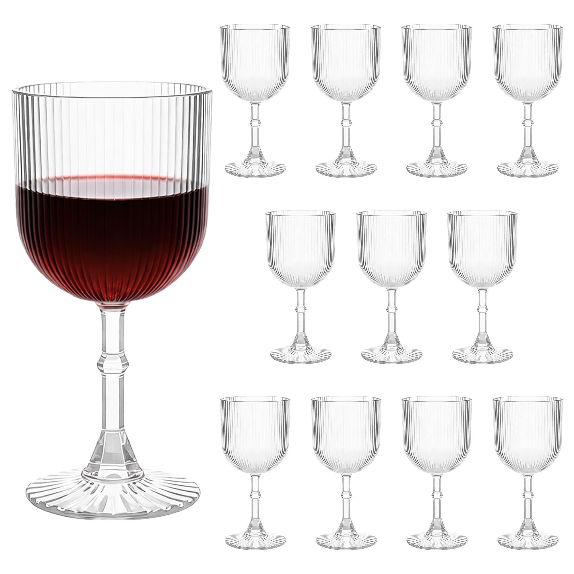LEYIQU Plastic Goblets, 9oz Ribbed Acrylic Wine Glasses, Vintage Drinking Glasses with Stem, Unbreakable Reusable Disposable Water Goblets Bulk for