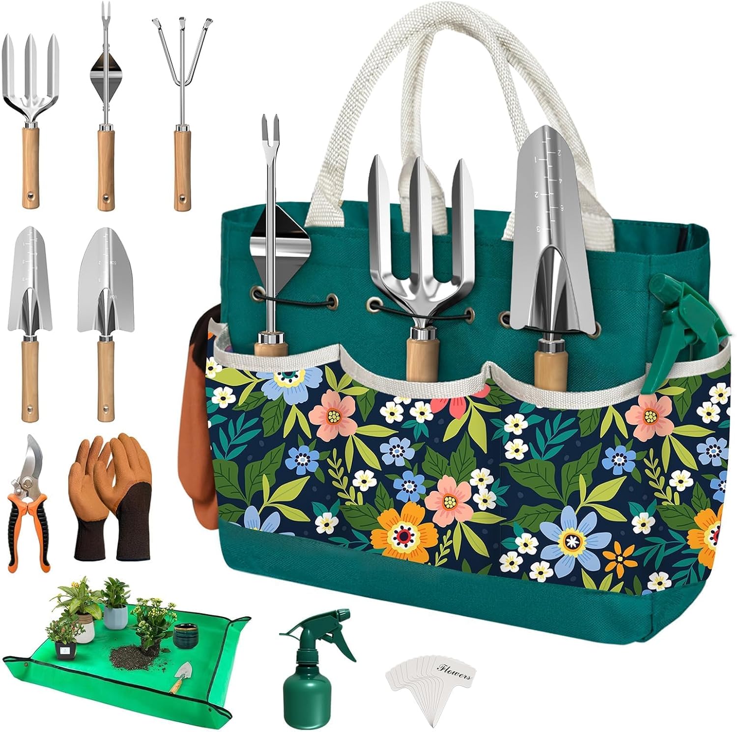 22Pcs Garden Tools Set for Women,Heavy Duty Hand Tool Kit, for Mom Beginner Gardening Essentials with Large Tote Bag/Repotting Mat/Trowel/Rake/Pruner/Gloves/Plant Tags-Green