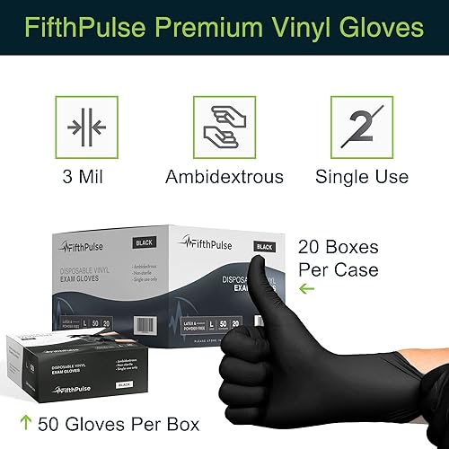 Miniatura 6 de FifthPulse - Guantes desechables de vinilo negro 50 unidades sin látex sin polvo guantes quirúrgicos para limpieza y alimentos 3 milímetro de grosor