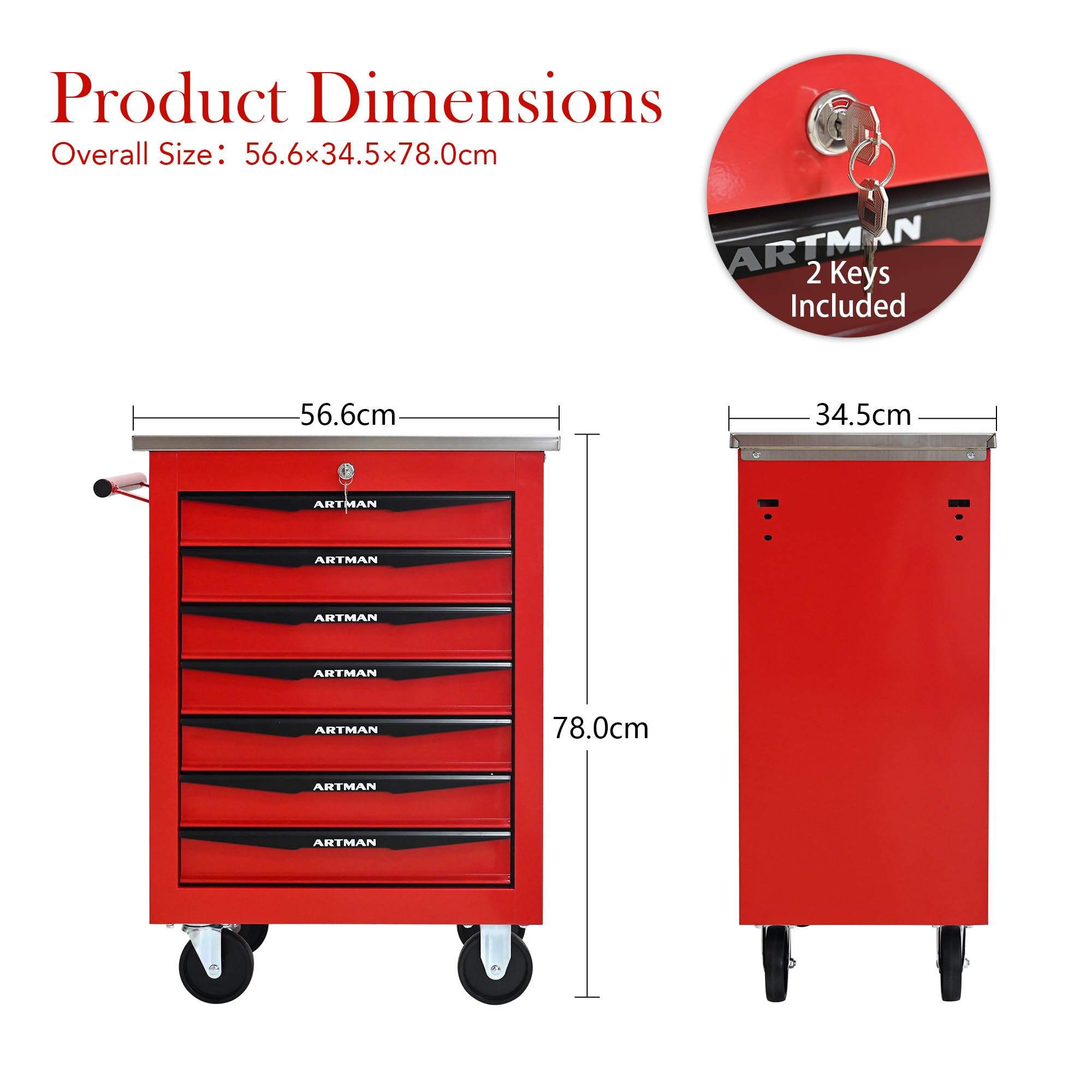 Generisch Carrello portautensili a 7 cassetti in metallo con scivolo a sfera, 4 ruote e serratura a chiave, ideale per garage e officina (56,6 x 34,5 x 78,0 cm, rosso e nero)