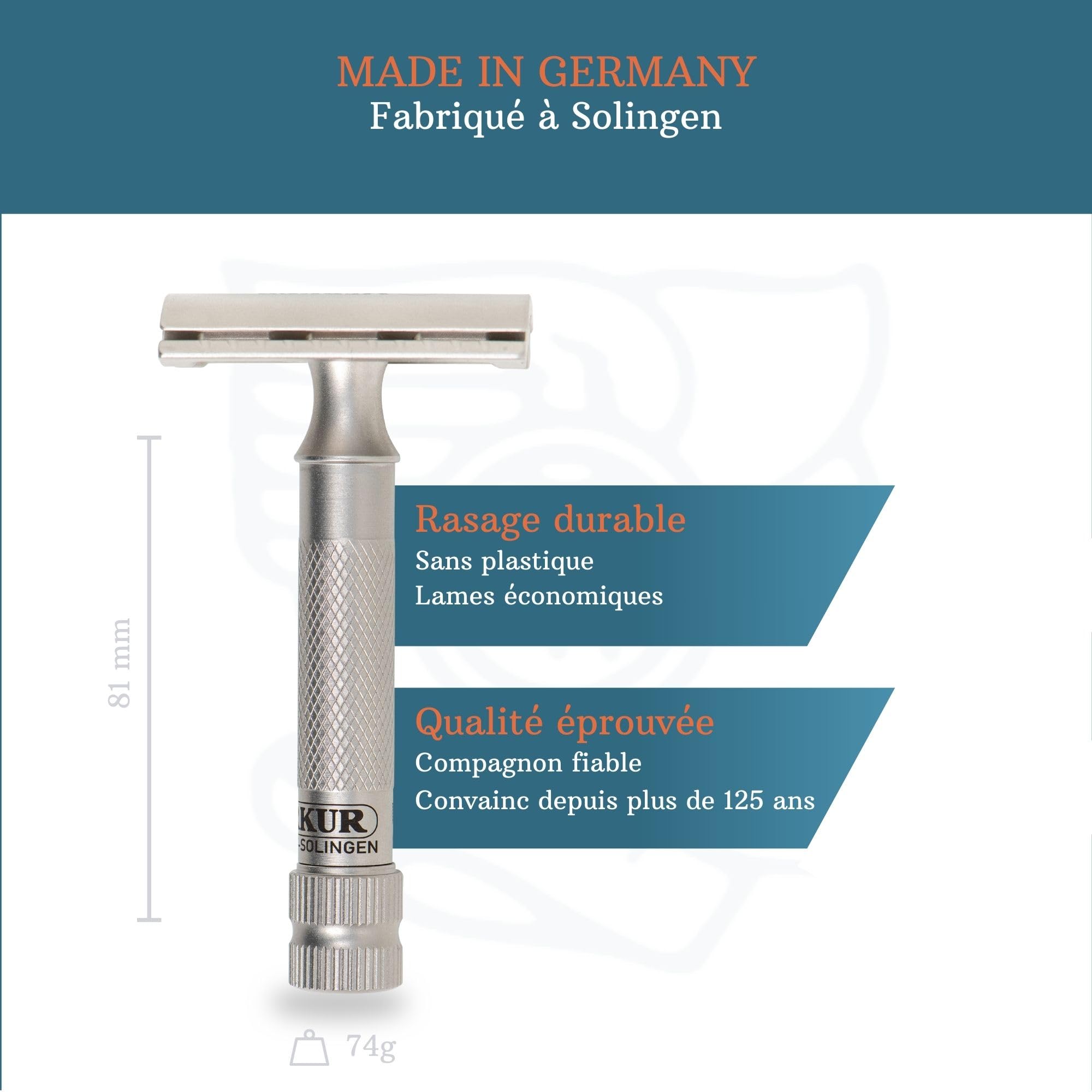 MERKUR Lot de rasoirs de sécurité en acier inoxydable 34 INOX | Comprend un rasoir de sécurité haut de gamme, un étui en cuir et 10 lames platine | Satiné mat | Peigne fermé | Idéal pour le rasage