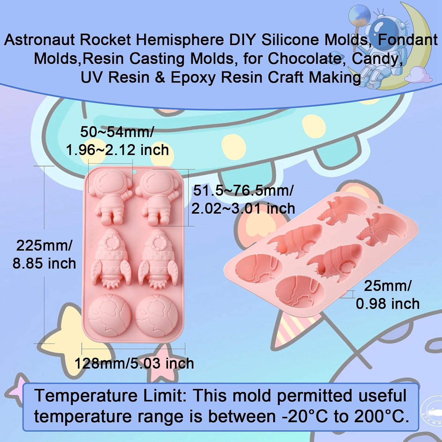2 Pcs Pink Astronaut Rocket Molds Hemisphere Silicone Mold Epoxy Resin Craft Molds for DIY Chiffon Cake Bakeware