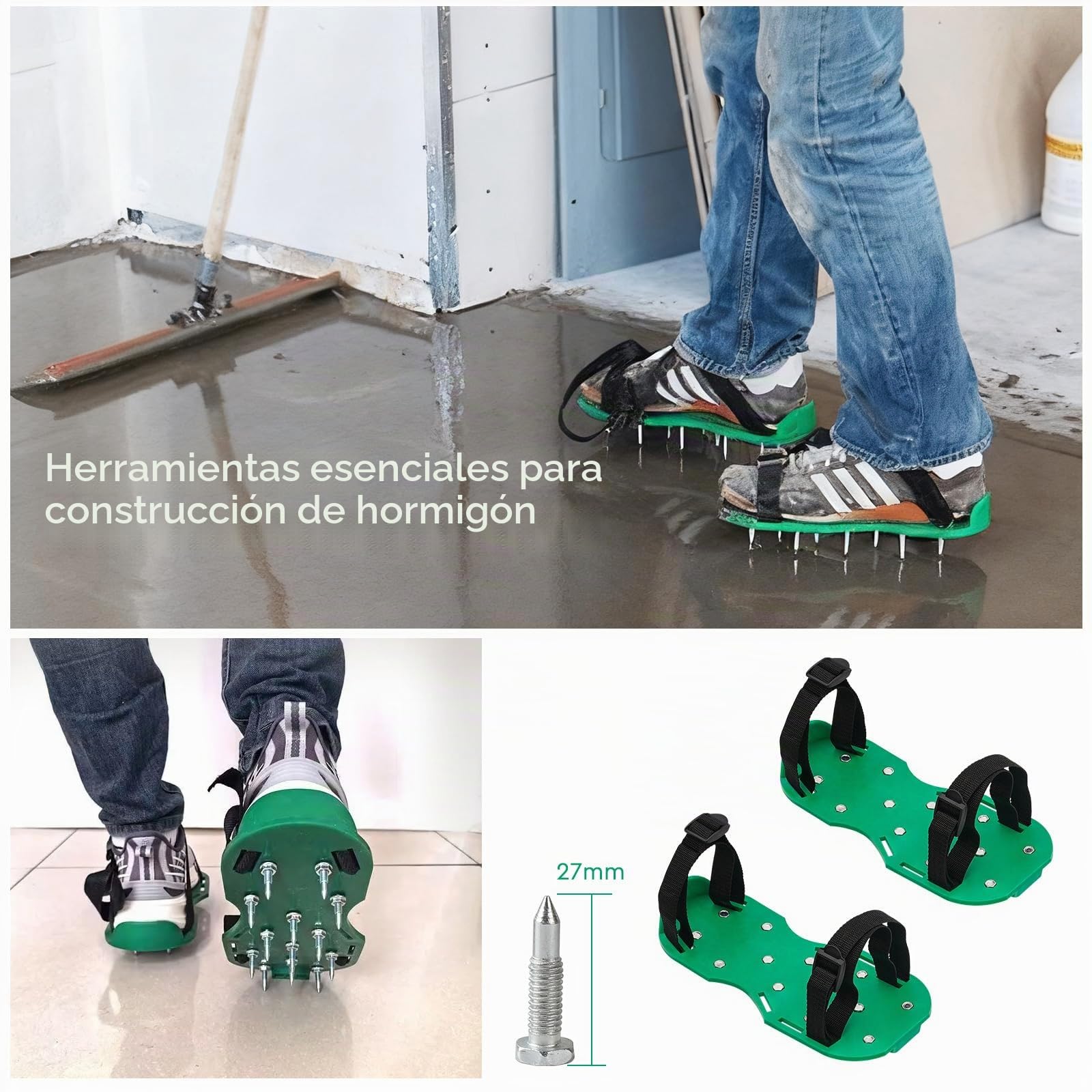 CPROSP 5pcs Kit de Herramientas de Autonivelación de Cemento, 2*Rodillo de Puas Autonivelante(47cm + 21cm)+ Rascador de Acero Inoxidable 56cm+ Zapatos de Clavos 30cm+ Mango Telescópico 200cm