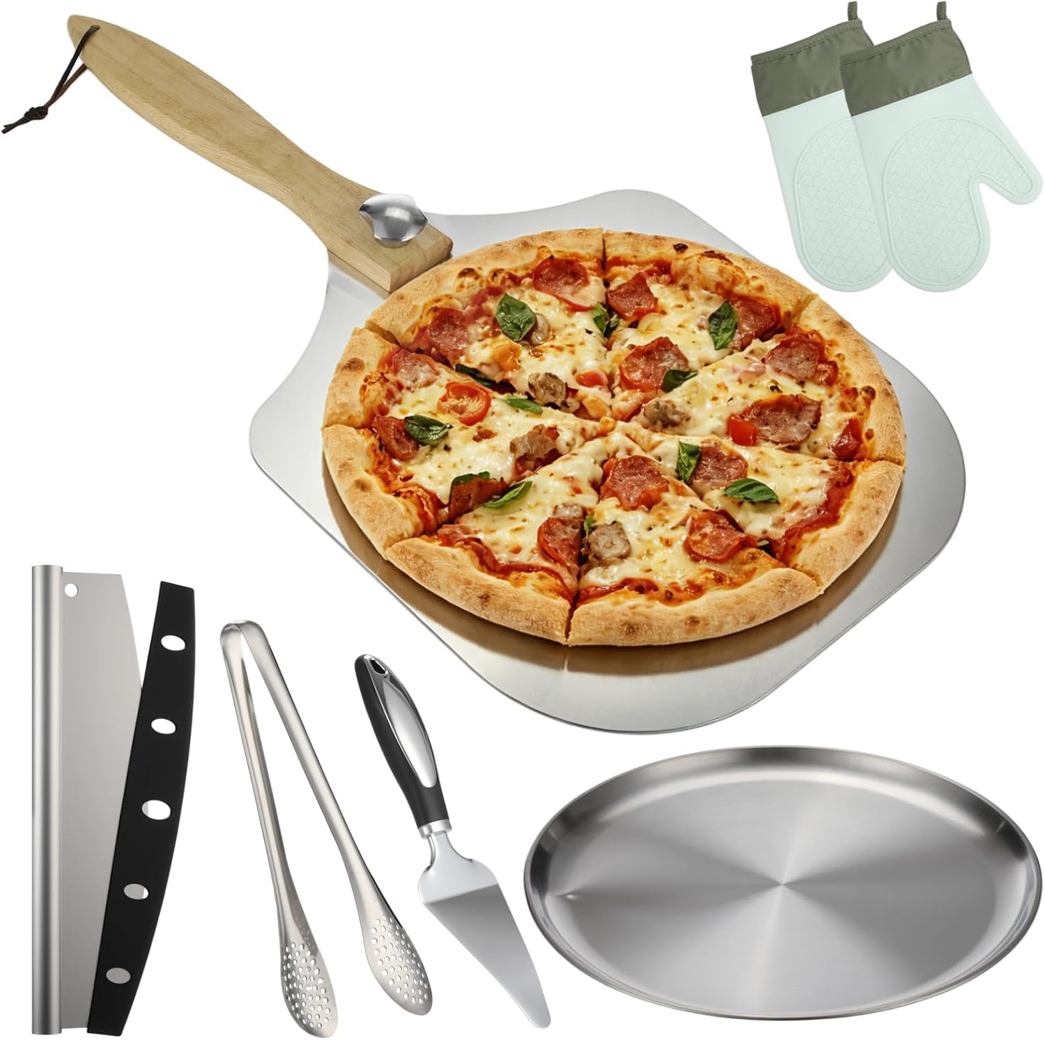 6 PCS Pizza Peel Metal Pizza Spatula Kit - 12 x 14 in Stainless Steel Pizza Paddle with Wooden Handle, Home Baking Oven Accessories with Rocker Cutter Round Pan Server Tongs Oven Mitts