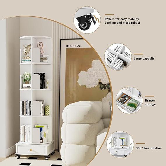Rotating Bookcase Standing Shelf 360° Freely Rotatable Bookcase Living Room Bedroom 4-Layer Book Shelf with Fabric Drawer and Wheels Bookcase White 40 x 40 x 147 cm
