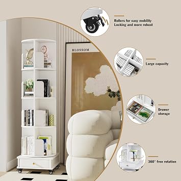 Rotating Bookcase Standing Shelf 360° Freely Rotatable Bookcase Living Room Bedroom 4-Layer Book Shelf with Fabric Drawer and Wheels Bookcase White 40 x 40 x 147 cm